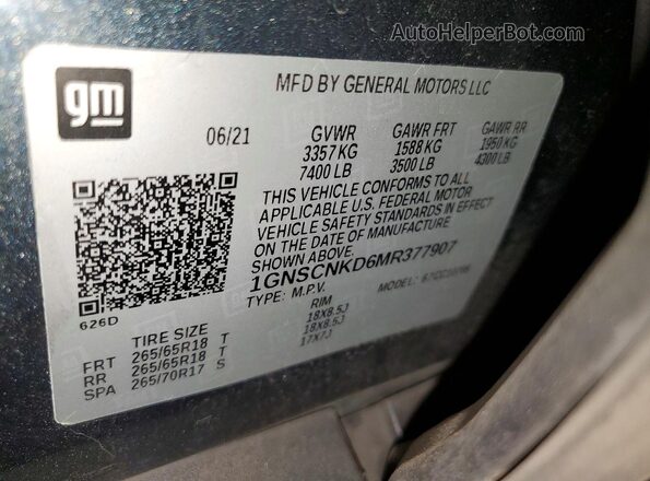 1GNSCNKD6MR377907 2021 CHEVROLET TAHOE Teal VIN კოდის სტიკერის ხედი