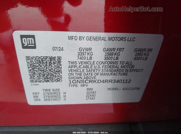 1GNSCRKD4RR340112 2024 CHEVROLET TAHOE Red Вид підкапотного простору