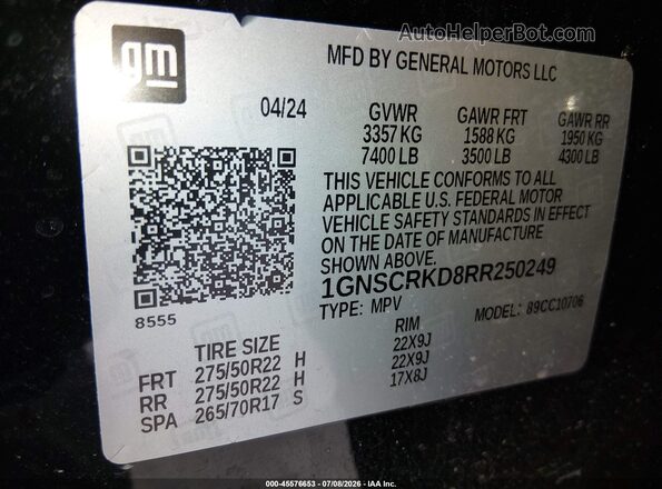 1GNSCRKD8RR250249 2024 CHEVROLET TAHOE Black Вид підкапотного простору