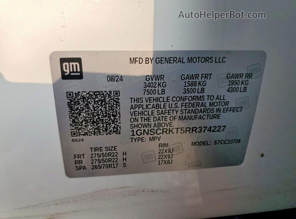 1GNSCRKT5RR374227 2024 CHEVROLET TAHOE White Widok naklejki z numerem VIN