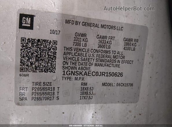 1GNSKAEC0JR150626 2018 CHEVROLET TAHOE Silver Вид підкапотного простору