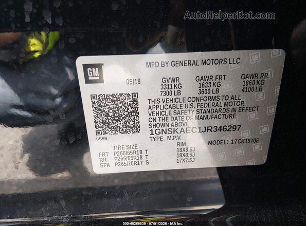 1GNSKAEC1JR346297 2018 CHEVROLET TAHOE Black Engine compartment view