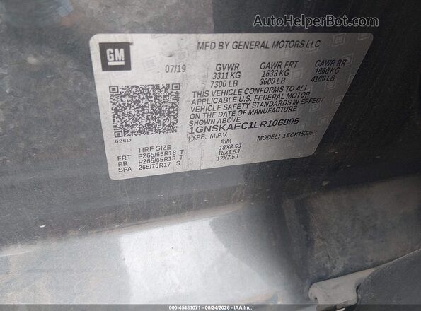 1GNSKAEC1LR106895 2020 CHEVROLET TAHOE Gray Engine compartment view