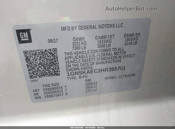 1GNSKAEC2HR355701 2017 CHEVROLET TAHOE Silver ძრავის განყოფილების ხედი