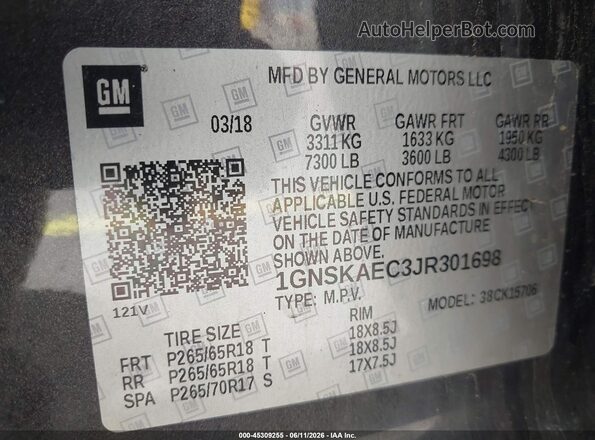 1GNSKAEC3JR301698 2018 CHEVROLET TAHOE Gray Engine compartment view