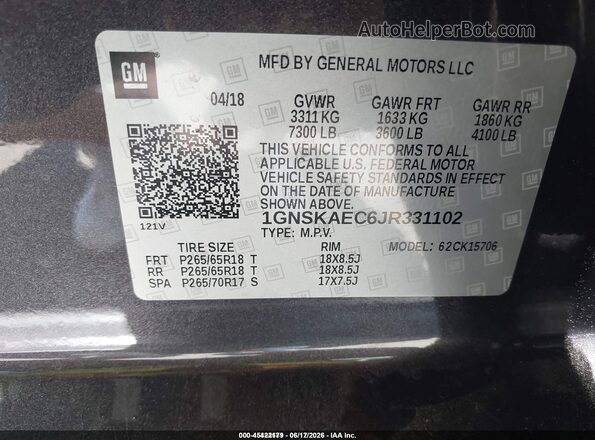1GNSKAEC6JR331102 2018 CHEVROLET TAHOE Серый Вид подкапотного пространства