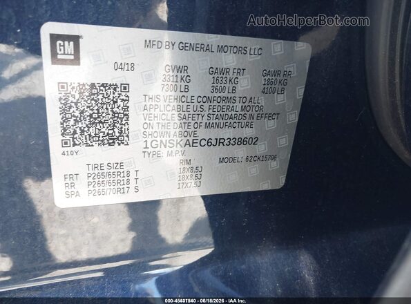 1GNSKAEC6JR338602 2018 CHEVROLET TAHOE Синий Вид подкапотного пространства