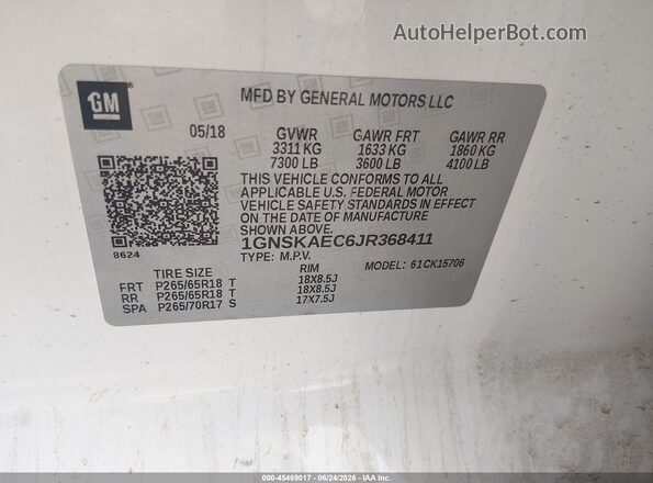 1GNSKAEC6JR368411 2018 CHEVROLET TAHOE White Vista del compartimento del motor