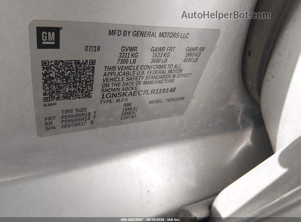 1GNSKAEC7LR119148 2020 CHEVROLET TAHOE Серебряный Вид подкапотного пространства