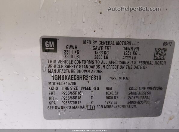 1GNSKAEC8HR316319 2017 CHEVROLET TAHOE White Շարժիչի բաժամունքի տեսք