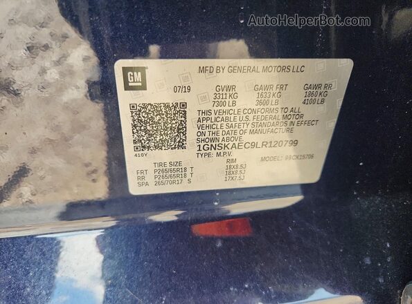 1GNSKAEC9LR120799 2020 CHEVROLET TAHOE Blue Вид наклейки з VIN-кодом