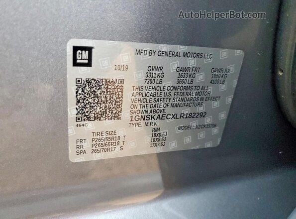 1GNSKAECXLR182292 2020 CHEVROLET TAHOE Gray Вид наклейки з VIN-кодом