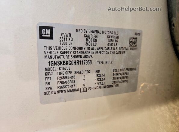 1GNSKBKC0HR117968 2017 CHEVROLET TAHOE Tan Вид наклейки з VIN-кодом