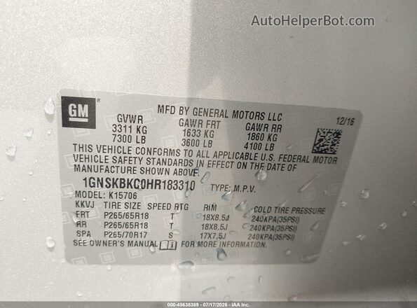 1GNSKBKC0HR183310 2017 CHEVROLET TAHOE Silver Вид підкапотного простору