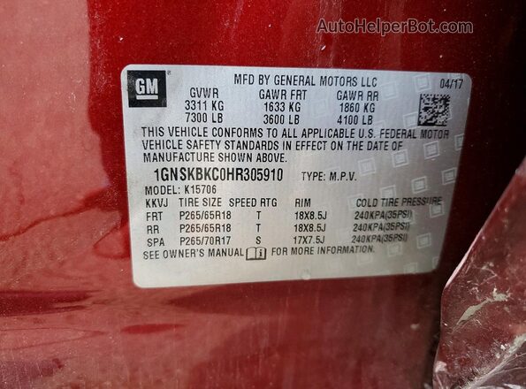 1GNSKBKC0HR305910 2017 CHEVROLET TAHOE Burgundy Vista del compartimento del motor