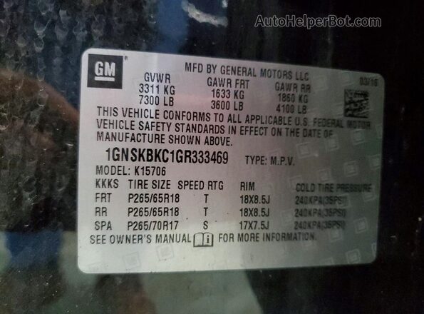1GNSKBKC1GR333469 2016 CHEVROLET TAHOE Black VIN კოდის სტიკერის ხედი
