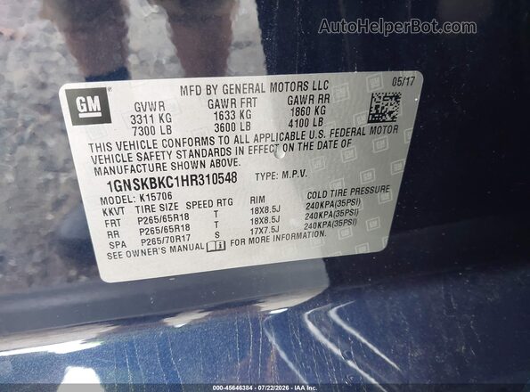 1GNSKBKC1HR310548 2017 CHEVROLET TAHOE Blue Engine compartment view