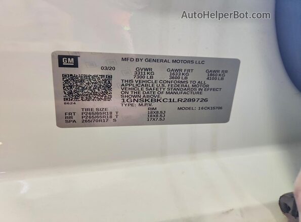 1GNSKBKC1LR289726 2020 CHEVROLET TAHOE White Вид наклейки з VIN-кодом