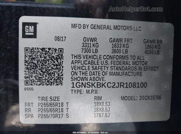 1GNSKBKC2JR108100 2018 CHEVROLET TAHOE Black Շարժիչի բաժամունքի տեսք