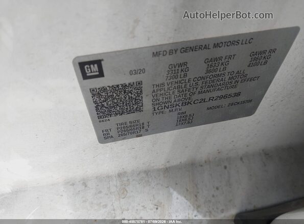 1GNSKBKC2LR296538 2020 CHEVROLET TAHOE White Vista del compartimento del motor