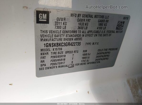 1GNSKBKC3GR422735 2016 CHEVROLET TAHOE White Շարժիչի բաժամունքի տեսք