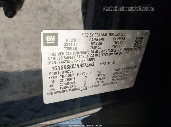1GNSKBKC3HR272353 2017 CHEVROLET TAHOE Black ძრავის განყოფილების ხედი