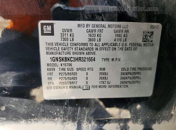 1GNSKBKC3HR321664 2017 CHEVROLET TAHOE Black Widok naklejki z numerem VIN