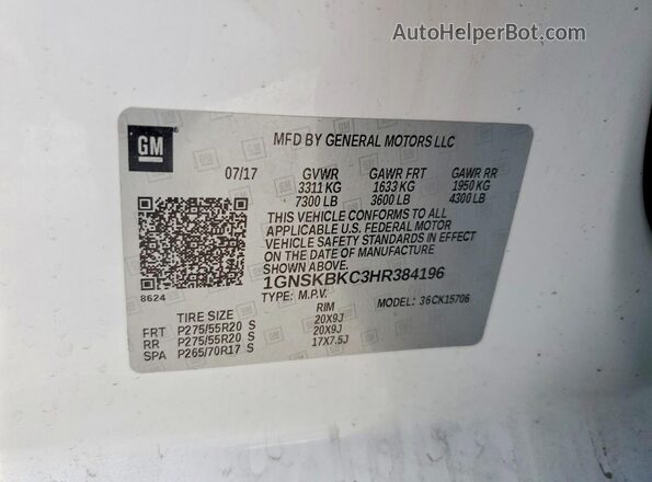 1GNSKBKC3HR384196 2017 CHEVROLET TAHOE White Вид підкапотного простору