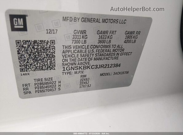 1GNSKBKC3JR212384 2018 CHEVROLET TAHOE White Vista del compartimento del motor