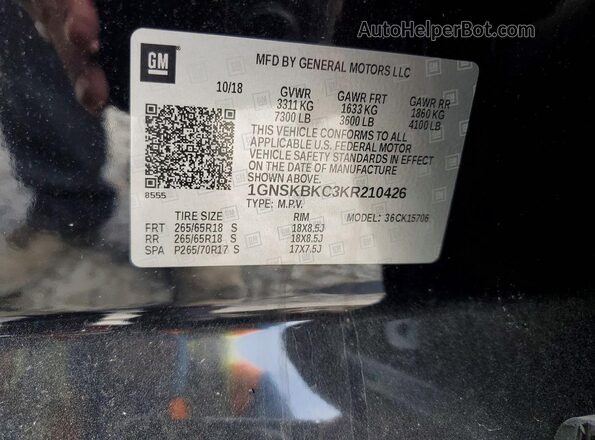 1GNSKBKC3KR210426 2019 CHEVROLET TAHOE Black VIN sticker view
