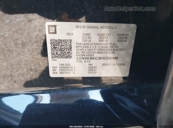 1GNSKBKC3KR306489 2019 CHEVROLET TAHOE Black Engine compartment view