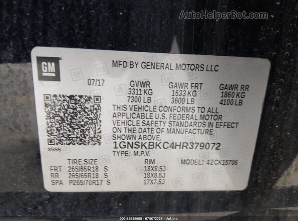 1GNSKBKC4HR379072 2017 CHEVROLET TAHOE Черный Вид подкапотного пространства