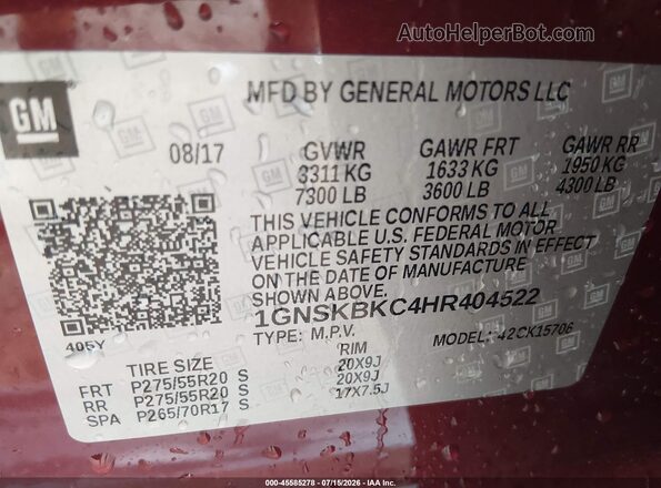 1GNSKBKC4HR404522 2017 CHEVROLET TAHOE Red Engine compartment view