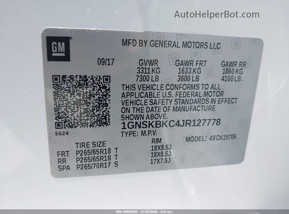 1GNSKBKC4JR127778 2018 CHEVROLET TAHOE Белый Вид подкапотного пространства