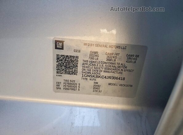 1GNSKBKC4JR306418 2018 CHEVROLET TAHOE Silver VIN sticker view