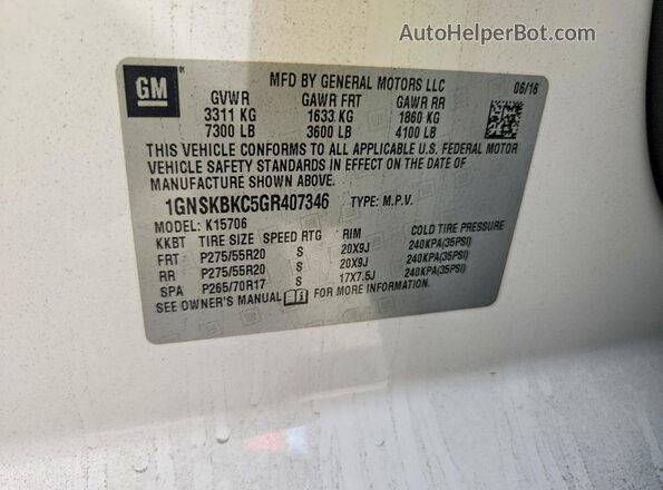 1GNSKBKC5GR407346 2016 CHEVROLET TAHOE White VIN sticker view