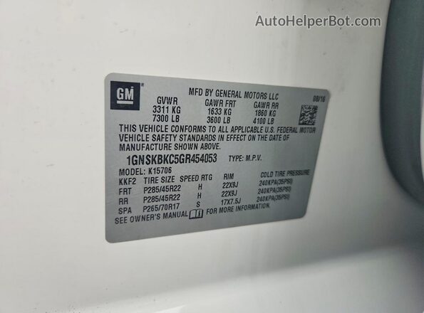 1GNSKBKC5GR454053 2016 CHEVROLET TAHOE White VIN კოდის სტიკერის ხედი