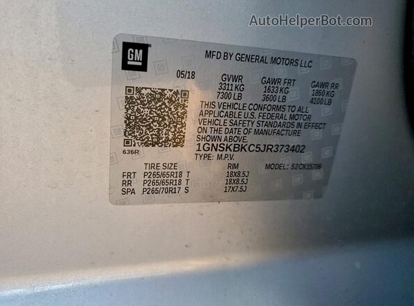 1GNSKBKC5JR373402 2018 CHEVROLET TAHOE Silver VIN կոդի պիտակի տեսք