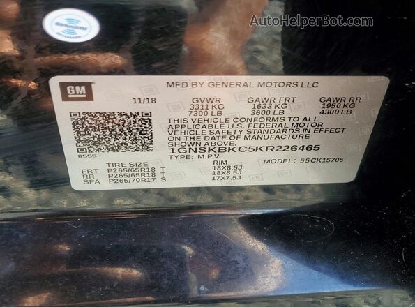1GNSKBKC5KR226465 2019 CHEVROLET TAHOE Black Вид наклейки з VIN-кодом