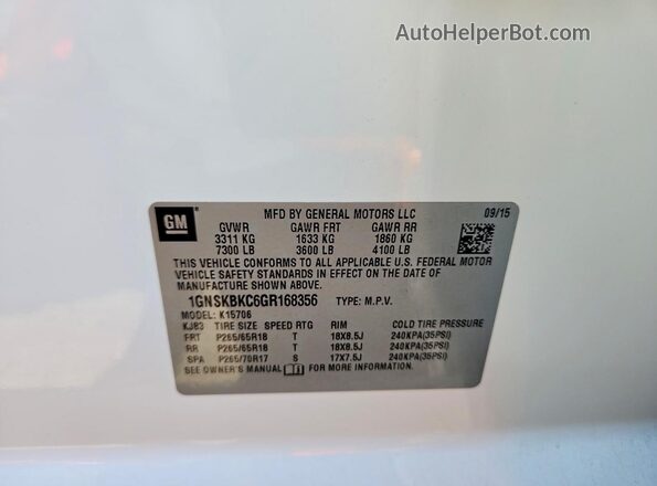 1GNSKBKC6GR168356 2016 CHEVROLET TAHOE White Շարժիչի բաժամունքի տեսք