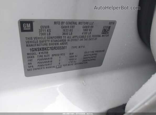 1GNSKBKC7GR303361 2016 CHEVROLET TAHOE White ძრავის განყოფილების ხედი