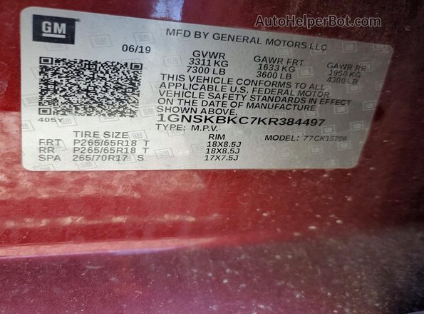 1GNSKBKC7KR384497 2019 CHEVROLET TAHOE Maroon Vista de la etiqueta del VIN