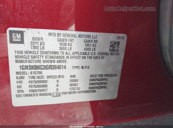 1GNSKBKC8GR384614 2016 CHEVROLET TAHOE Maroon ძრავის განყოფილების ხედი