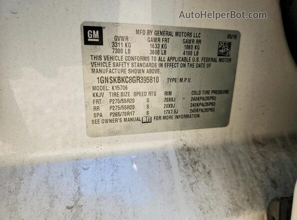1GNSKBKC8GR395810 2016 CHEVROLET TAHOE White Widok naklejki z numerem VIN