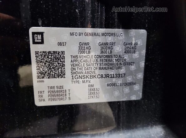 1GNSKBKC8JR113317 2018 CHEVROLET TAHOE Черный Вид наклейки с VIN-кодом