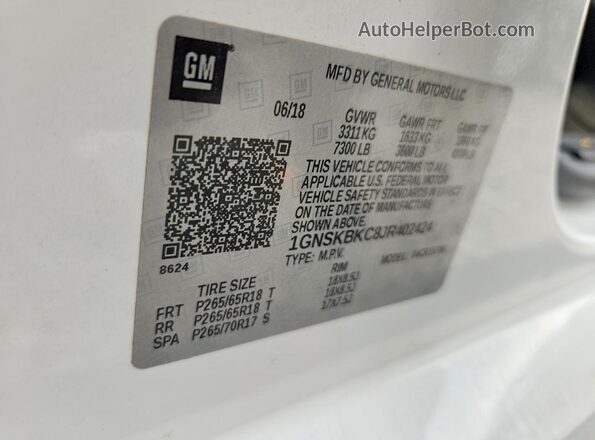 1GNSKBKC8JR402424 2018 CHEVROLET TAHOE White VIN კოდის სტიკერის ხედი