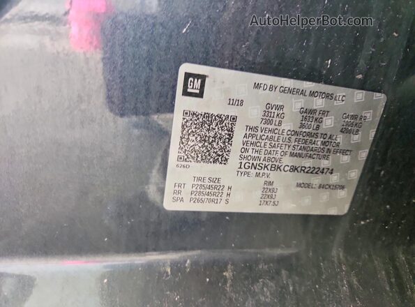 1GNSKBKC8KR222474 2019 CHEVROLET TAHOE Серый Вид наклейки с VIN-кодом