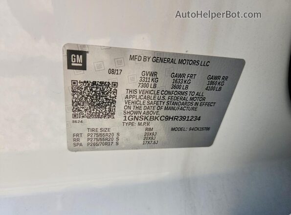 1GNSKBKC9HR391234 2017 CHEVROLET TAHOE White Widok naklejki z numerem VIN