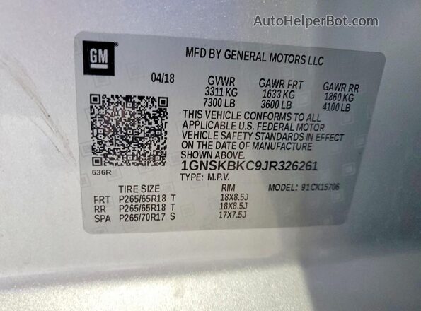 1GNSKBKC9JR326261 2018 CHEVROLET TAHOE Silver VIN sticker view