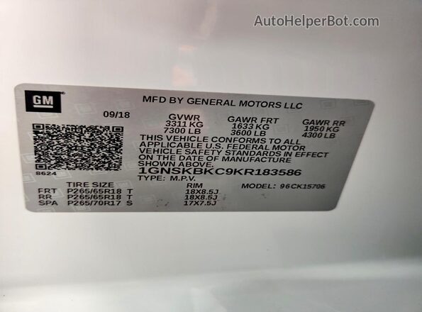 1GNSKBKC9KR183586 2019 CHEVROLET TAHOE White Vista interior de 360 grados
